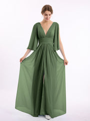 Profond Col En V Mousseline Robes Avec Fente Olive Verte