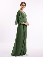 Profond Col En V Mousseline Robes Avec Fente Olive Verte