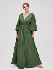 Profond Col En V Mousseline Robes Avec Fente Olive Verte Grande Taille