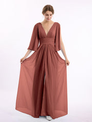 Profond Col En V Mousseline Robes Avec Fente terracotta
