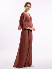 Profond Col En V Mousseline Robes Avec Fente terracotta