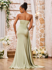 Robe Fourreau Sexy en Satin Doux à Bretelles Spaghetti avec Fente Sauge Poudrée
