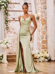 Robe Fourreau Sexy en Satin Doux à Bretelles Spaghetti avec Fente Sauge Poudrée