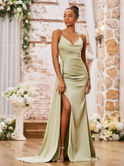 Robe Fourreau Sexy en Satin Doux à Bretelles Spaghetti avec Fente Sauge Poudrée