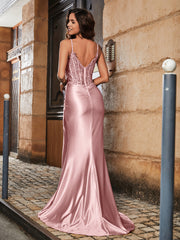 Robe de Soirée Fourreau à Col en V en Satin avec Traîne Balayage Rose Poudré Grande Taille