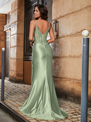 Robe de Soirée Fourreau à Col en V en Satin avec Traîne Balayage Sauge Poudrée Grande Taille