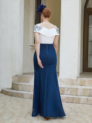 Robe Fourreau Appliquée Longueur au Sol Bleu Marine Clair Grande Taille
