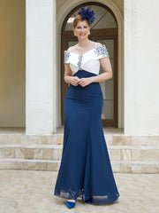 Robe Fourreau Appliquée Longueur au Sol Bleu Marine Clair