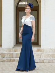 Robe Fourreau Appliquée Longueur au Sol Bleu Marine Clair Grande Taille