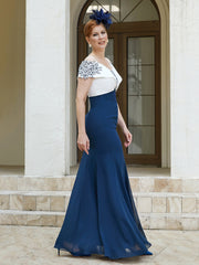 Robe Fourreau Appliquée Longueur au Sol Bleu Marine Clair Grande Taille