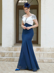 Robe Fourreau Appliquée Longueur au Sol Bleu Marine Clair Grande Taille