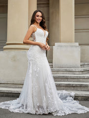 Robe de Mariée Sirène en Dentelle avec Taîne Chapelle Blanc