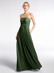 Robe Sans Bretelles Taille Empire en Mousseline avec Poches Olive Verte