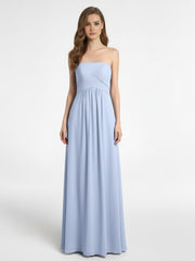 Robe Sans Bretelles Taille Empire en Mousseline avec Poches Bleu Ciel