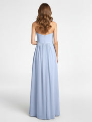 Robe Sans Bretelles Taille Empire en Mousseline avec Poches Bleu Ciel