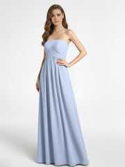 Robe Sans Bretelles Taille Empire en Mousseline avec Poches Bleu Ciel