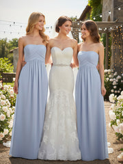 Robe Sans Bretelles Taille Empire en Mousseline avec Poches Bleu Ciel
