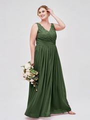 Robe Col en V Mousseline et Dentelle avec Fente Olive Verte Grande Taille