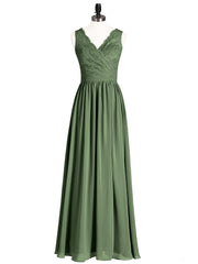 Robe Col en V Mousseline et Dentelle avec Fente Olive Verte