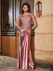 Robe de Soirée Sirène à Col en V en Satin avec Traîne Balayage Rose Poudré