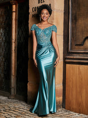 Robe de Soirée Sirène à Col en V en Satin avec Traîne Balayage Jade Grande Taille