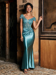 Robe de Soirée Sirène à Col en V en Satin avec Traîne Balayage Jade Grande Taille