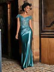 Robe de Soirée Sirène à Col en V en Satin avec Traîne Balayage Jade Grande Taille