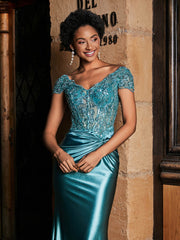 Robe de Soirée Sirène à Col en V en Satin avec Traîne Balayage Jade