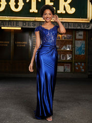 Robe de Soirée Sirène à Col en V en Satin avec Traîne Balayage Bleu Royale