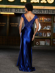 Robe de Soirée Sirène à Col en V en Satin avec Traîne Balayage Bleu Royale