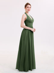 Licou Col en V Mousseline Robe Demoiselle d'honneur Olive Verte