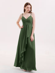 Mousseline Robe Demoiselle d'honneures avec Jupe Cascade Olive Verte