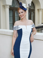 Robe Fourreau Longueur de Mollet Appliquée Bleu Marine Clair Grande Taille