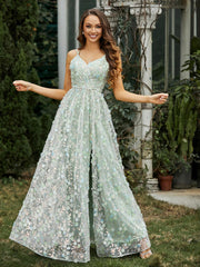 Robe Appliquée Florale à Col en V avec Fente Lilas Grande Taille