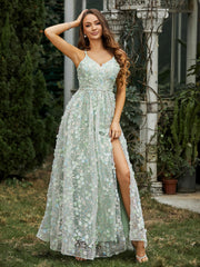 Robe Appliquée Florale à Col en V avec Fente Jonquille