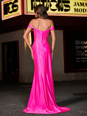 Robe de Soirée à Hors de l'Épaule en Polyester avec Traîne Balayage Rose Vif