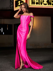 Robe de Soirée à Hors de l'Épaule en Polyester avec Traîne Balayage Rose Vif