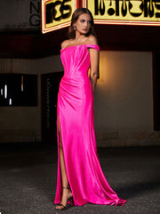 Robe de Soirée à Hors de l'Épaule en Polyester avec Traîne Balayage Rose Vif