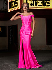 Robe de Soirée à Hors de l'Épaule en Polyester avec Traîne Balayage Rose Vif Grande Taille