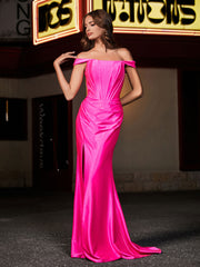Robe de Soirée à Hors de l'Épaule en Polyester avec Traîne Balayage Rose Vif