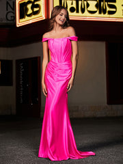 Robe de Soirée à Hors de l'Épaule en Polyester avec Traîne Balayage Rose Vif