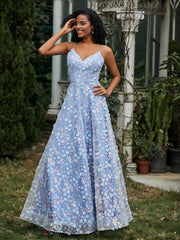 Robe Florale en A-ligne Appliquée en Dentelle à Col en V Lilas