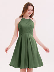 Short Mousseline Robe Demoiselle d'honneur avec Poche Olive Verte