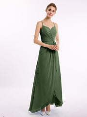 Spaghetti Bretelle Haut Bas Mousseline Robes Avec Nœud Olive Verte
