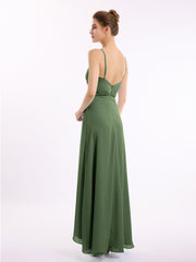Spaghetti Bretelle Haut Bas Mousseline Robes Avec Nœud Olive Verte Grande Taille