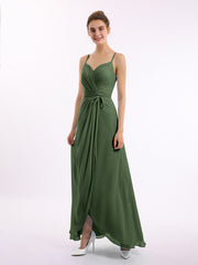 Spaghetti Bretelle Haut Bas Mousseline Robes Avec Nœud Olive Verte