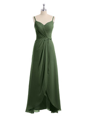 Spaghetti Bretelle Haut Bas Mousseline Robes Avec Nœud Olive Verte