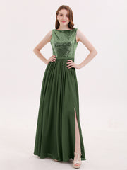 Paillettes et Mousseline Robe avec Fente Olive Verte