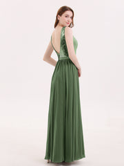 Paillettes et Mousseline Robe avec Fente Olive Verte