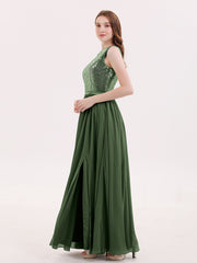 Paillettes et Mousseline Robe avec Fente Olive Verte